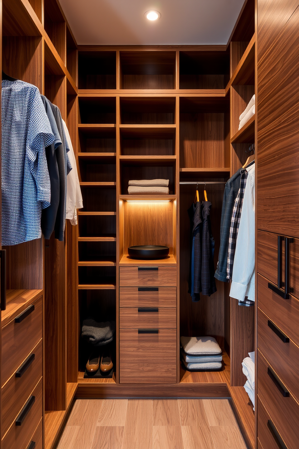 Custom cabinetry for maximizing space efficiency. The design features sleek lines and a combination of open shelving and closed storage to keep the space organized. Mid-Century-Modern walk-in-closet design ideas. The layout includes a mix of hanging rods and drawers, with warm wood finishes and integrated lighting to enhance visibility.