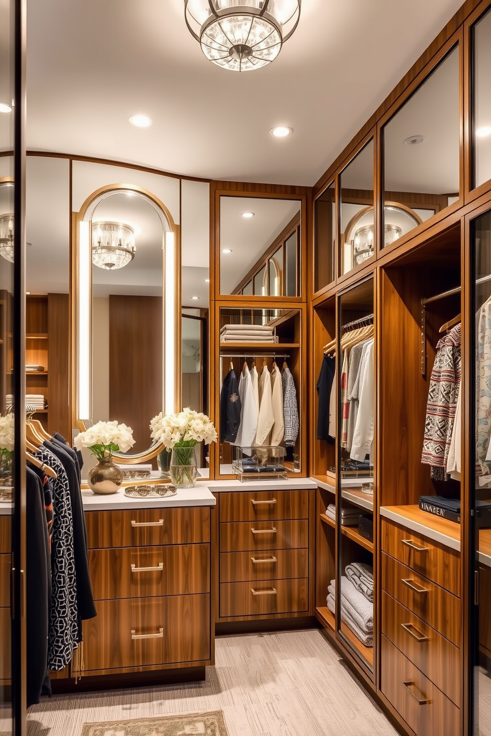 A luxurious walk-in closet featuring vintage-inspired mirrors that enhance the elegance of the space. The design incorporates a combination of warm wood tones and soft lighting to create a welcoming atmosphere. The closet is organized with open shelving and hanging space, showcasing a curated selection of clothing and accessories. Mid-Century-Modern elements, such as geometric patterns and sleek lines, are integrated into the cabinetry and decor for a timeless appeal.