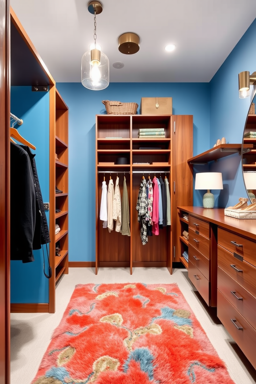 A Mid-Century-Modern walk-in closet features sleek wooden shelving and hanging rods with bold color accents on the walls. A plush area rug in a vibrant hue adds warmth and personality, while stylish lighting fixtures enhance the modern aesthetic.