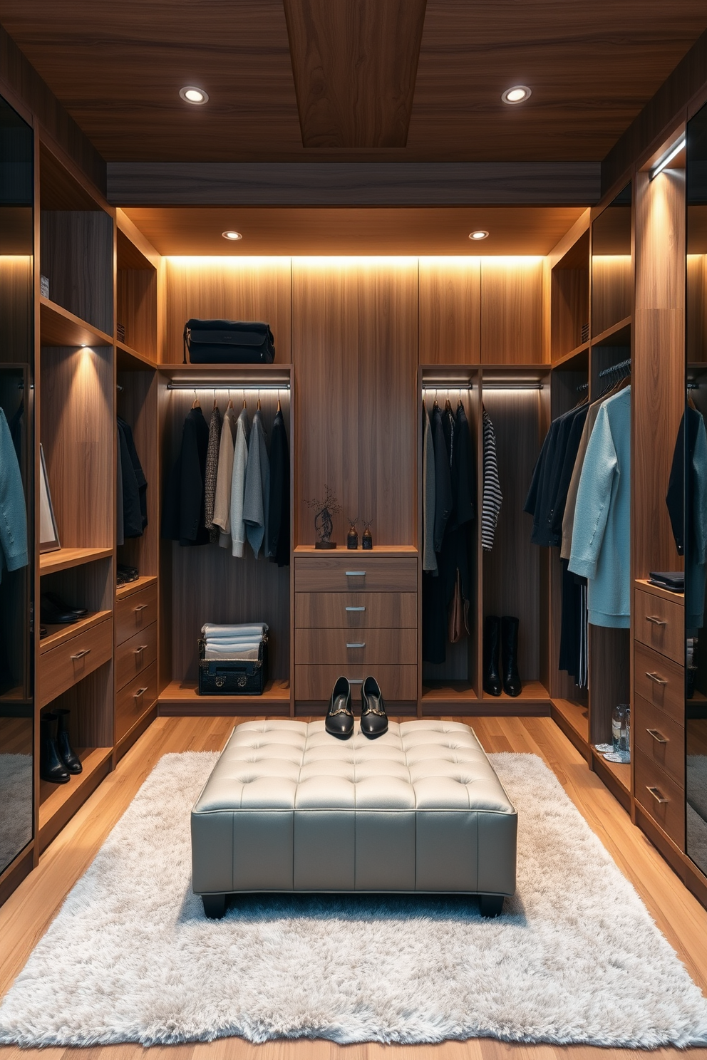 A luxurious walk-in closet featuring natural wood finishes that provide warmth and texture. The space is designed with sleek, minimalist shelving and hanging areas that showcase a curated selection of clothing and accessories. Soft lighting highlights the rich grain of the wood while a plush area rug adds comfort underfoot. A stylish ottoman sits in the center, offering a convenient spot for dressing and accessorizing.