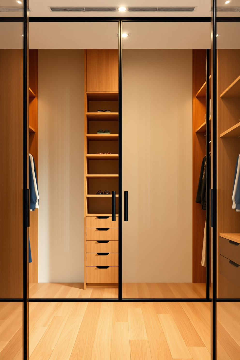 A spacious walk-in closet featuring glass doors that create an airy and open atmosphere. The interior showcases sleek Mid-Century-Modern design elements with warm wood tones and minimalist shelving.