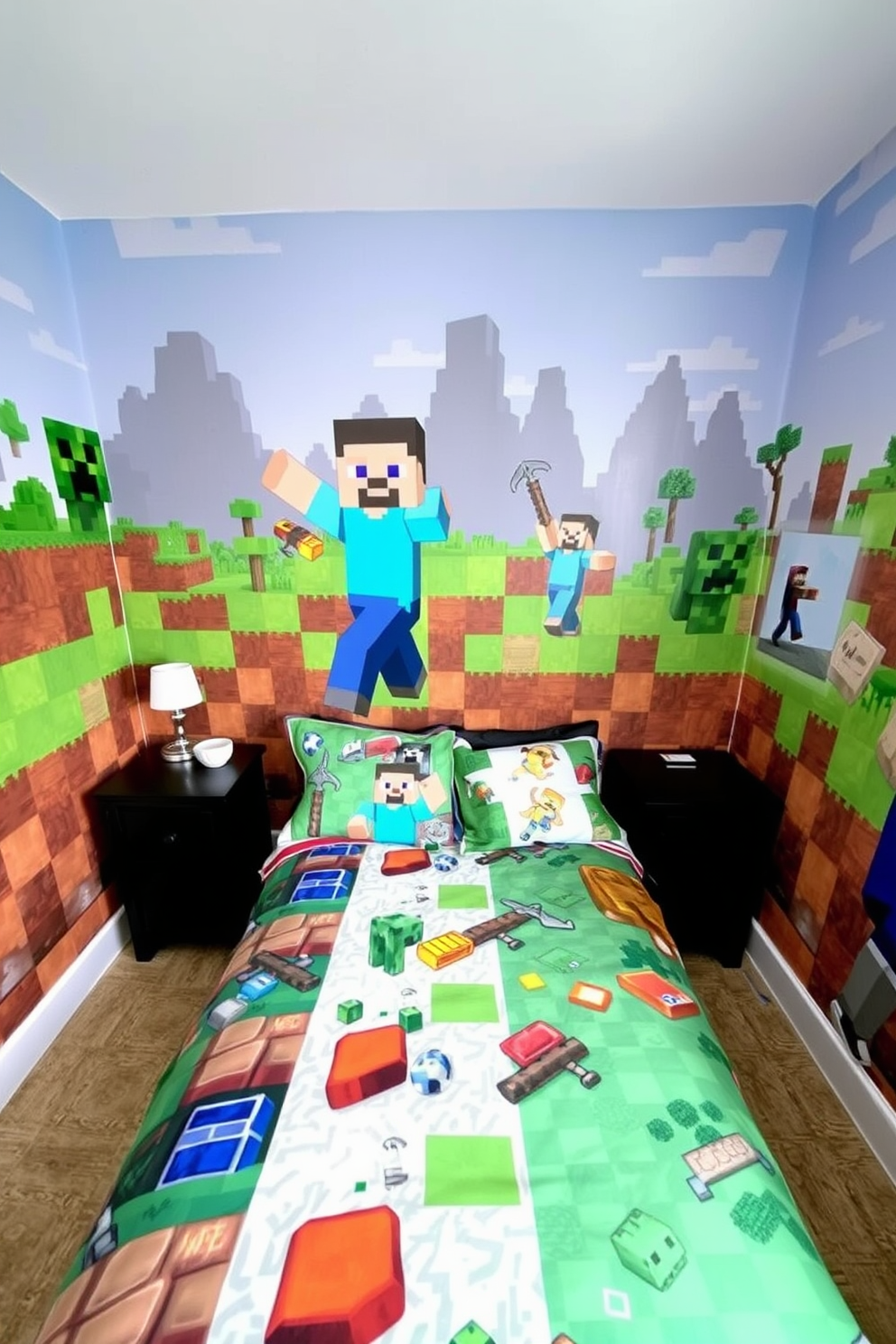 A vibrant Minecraft-themed wall mural covers one wall, featuring popular characters like Steve and Creeper in a pixelated landscape. The bedroom includes a cozy bed with colorful bedding that showcases various Minecraft elements, such as blocks and tools.