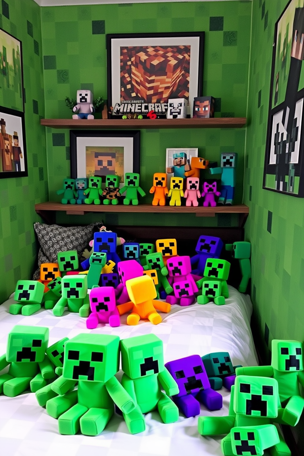 A playful Minecraft-themed bedroom featuring an array of colorful creeper plush toys scattered across the bed and shelves. The walls are adorned with pixelated artwork and a vibrant green color scheme that mirrors the iconic game environment.