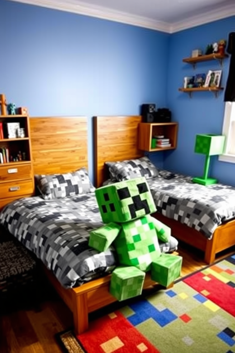 A cozy Minecraft-themed bedroom featuring a bedding set adorned with pixelated patterns inspired by the game. The walls are painted in a soft blue hue, and a large plush creeper toy sits at the foot of the bed. The room includes a wooden bed frame with a matching nightstand, topped with a green lamp shaped like a block. Shelves display Minecraft figurines and books, while a colorful rug adds warmth to the space.