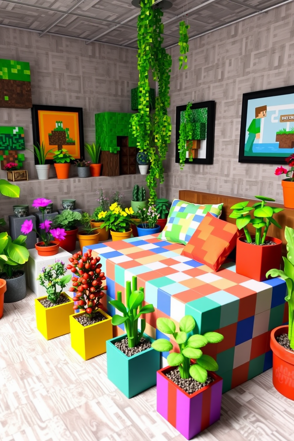 A cozy Minecraft bedroom filled with vibrant potted plants that add a natural touch to the space. The walls are adorned with pixelated art and the bed is crafted from colorful blocks, creating a playful and inviting atmosphere.