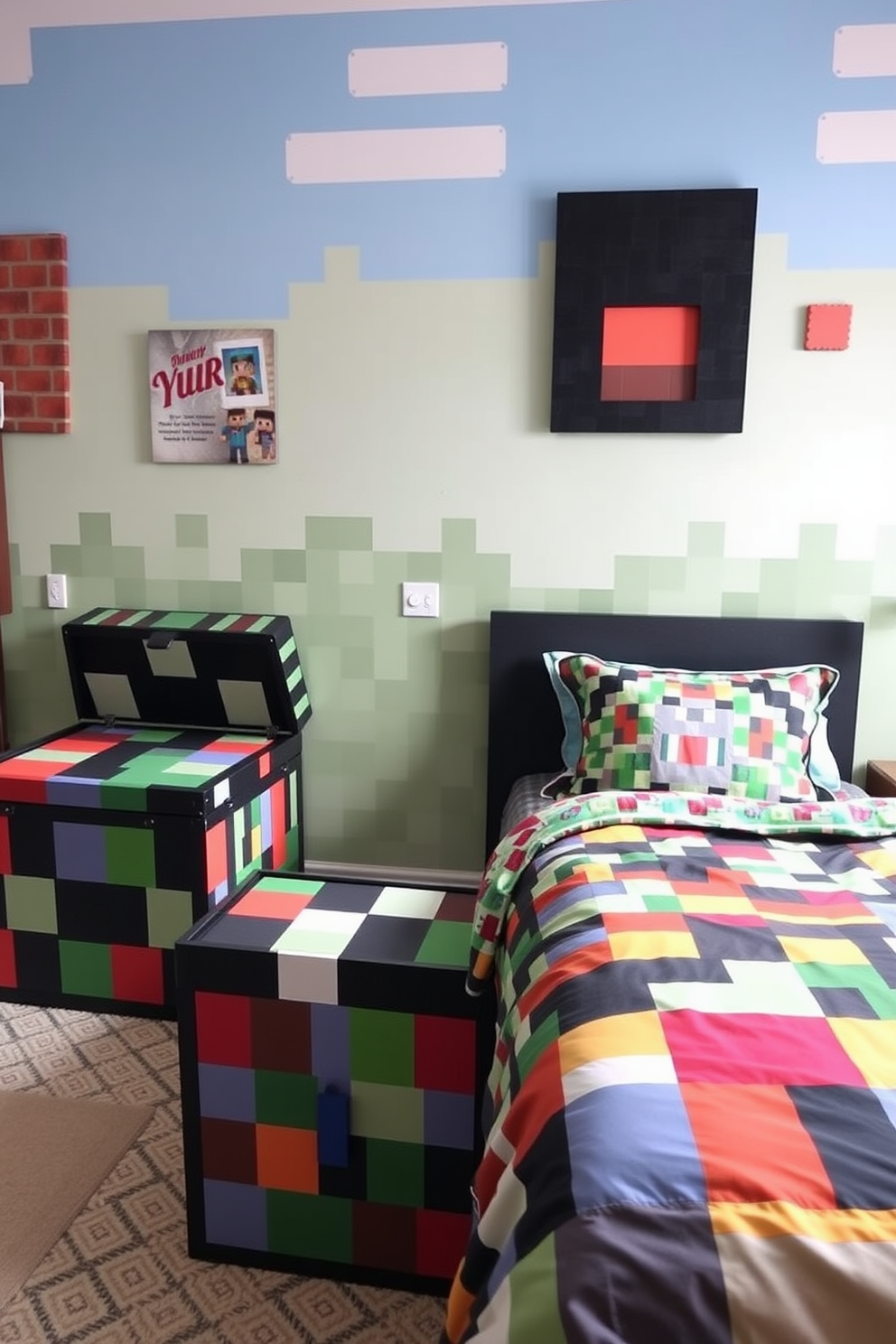 A playful bedroom setting featuring chests for storage designed to resemble colorful game blocks from Minecraft. The walls are adorned with pixelated artwork, and the bedding showcases vibrant patterns inspired by the game.