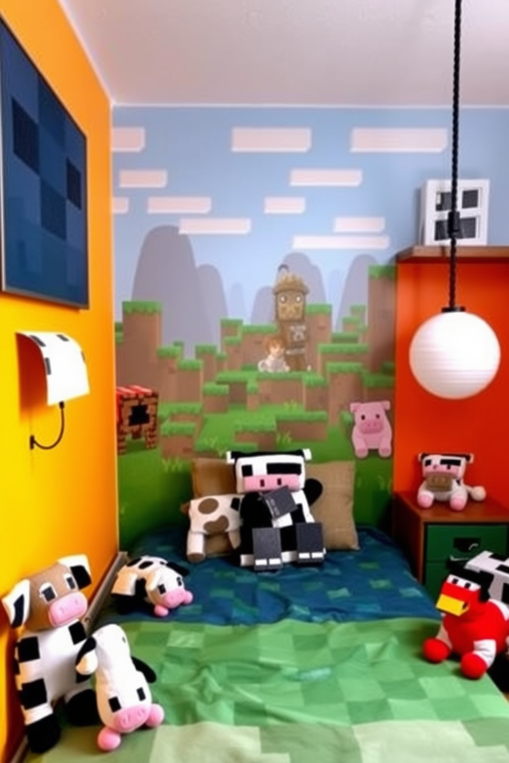 A whimsical Minecraft bedroom featuring farm animal figures as playful accents. The walls are painted in bright colors, with a large mural of a Minecraft landscape, and plush toys of cows, pigs, and chickens scattered throughout the room.