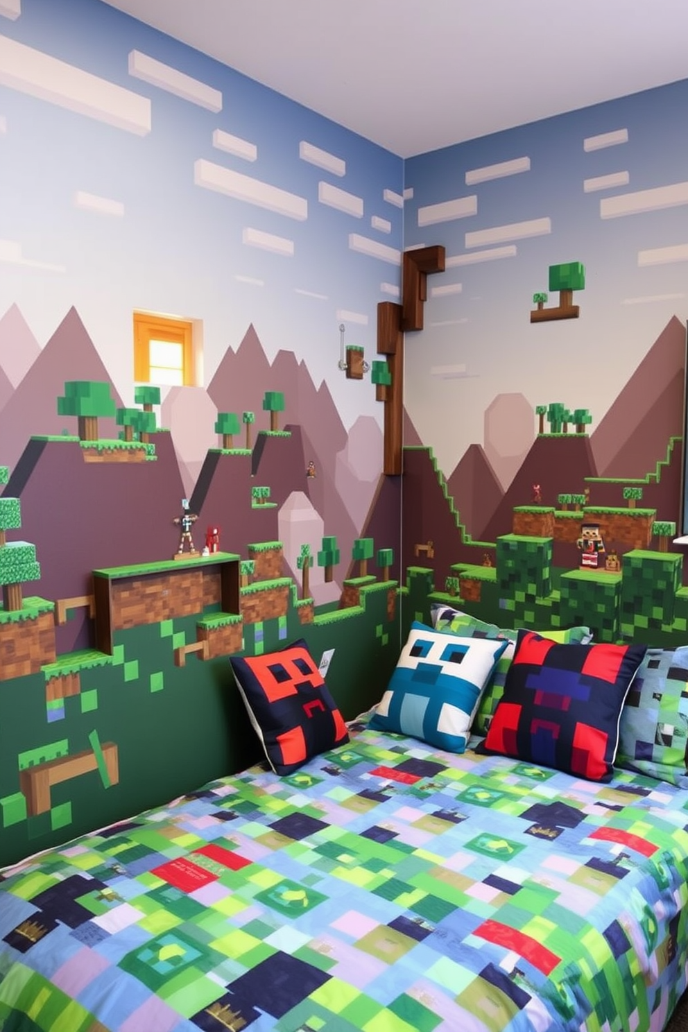 A playful bedroom filled with wall decals depicting vibrant Minecraft landscapes. The walls are adorned with scenes of blocky trees, mountains, and pixelated characters, creating an immersive gaming experience. The bedding features colorful Minecraft-themed sheets and plush pillows shaped like popular game items. A cozy reading nook with a bean bag chair adds a fun touch, inviting relaxation and creativity.