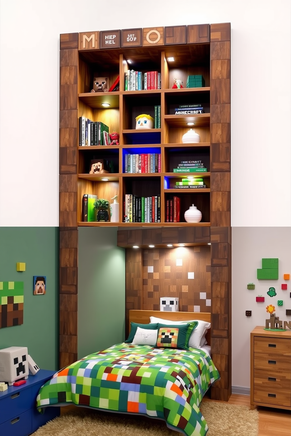 A bookshelf designed like a Minecraft tower. The structure features blocky shapes and vibrant colors, resembling the iconic pixelated style of the game. The shelves are arranged in a staggered formation, allowing for both decorative items and books to be displayed. Soft LED lights are integrated into the design, illuminating the bookshelf and creating a playful atmosphere. Minecraft bedroom design ideas include a bed framed with wooden blocks and a comforter featuring pixel art patterns. The walls are painted in bright colors, and accessories like plush toys and wall decals enhance the themed environment.