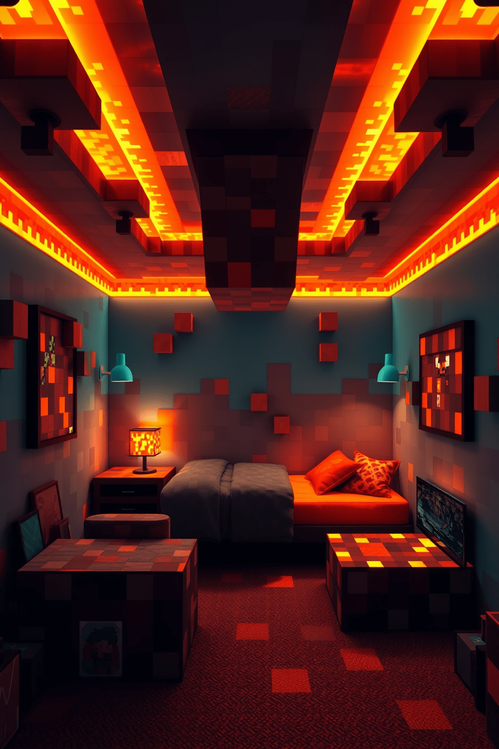 A vibrant Minecraft bedroom featuring a lava lamp effect with warm orange lighting. The walls are adorned with pixelated designs, and the bed is made of blocky furniture that mimics the game's aesthetics.