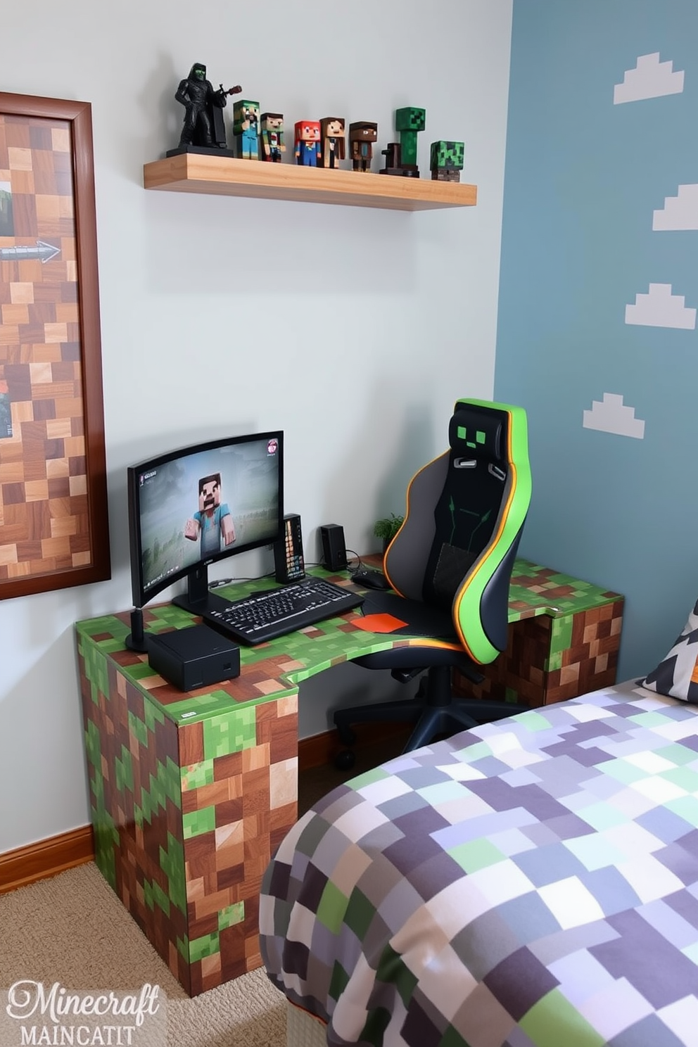 A Minecraft-inspired desk for a gaming setup. The desk features a blocky design with pixelated patterns in green and brown, resembling the iconic Minecraft landscape. The gaming chair is designed to look like a character from the game, with bright colors and a comfortable ergonomic shape. Above the desk, a wall-mounted shelf displays collectible figures and Minecraft-themed decor. Minecraft bedroom design ideas include a bed framed with wooden blocks and a comforter featuring pixel art designs. The walls are painted in a light blue shade, reminiscent of the sky in the game, with cloud decals for a whimsical touch.