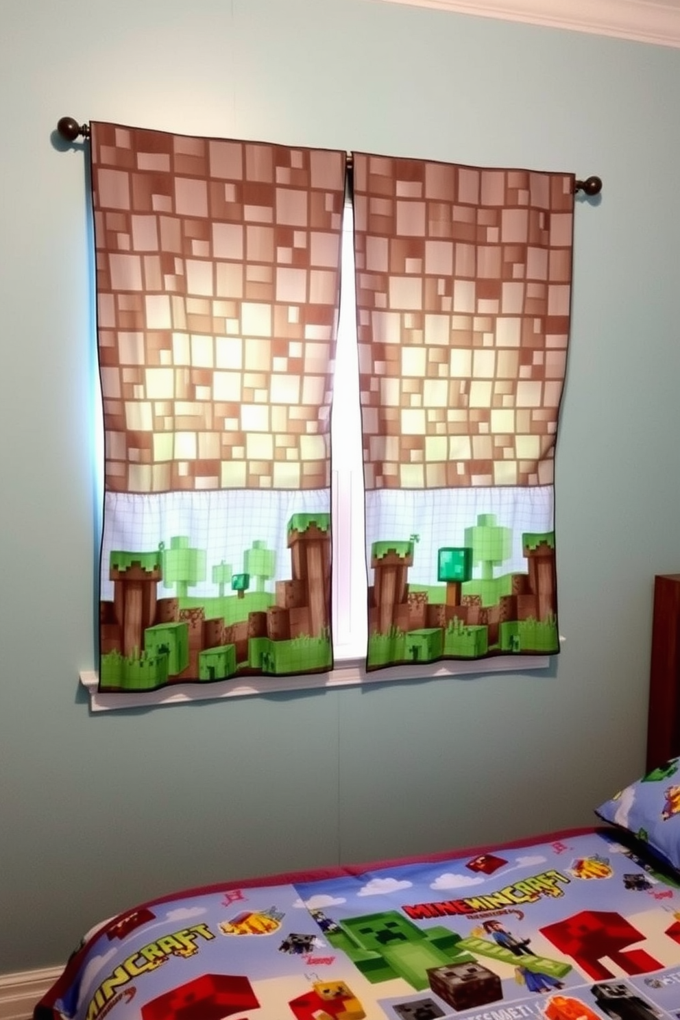 A cozy Minecraft-themed bedroom featuring window curtains with block patterns that mimic the iconic pixelated style of the game. The walls are painted in a light blue shade, and a bed with a colorful duvet cover showcases various Minecraft characters and landscapes.