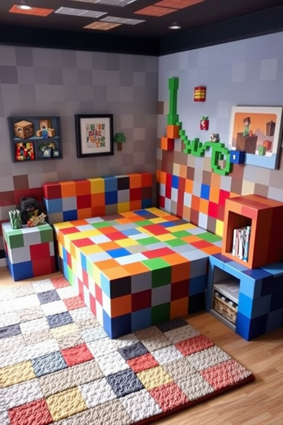 A Minecraft bedroom featuring block-style furniture creates a playful yet unique atmosphere. The bed is crafted from colorful blocks, complemented by a nightstand and bookshelf made from similarly styled materials. The walls are adorned with pixelated art and vibrant colors, reflecting the game's aesthetic. A cozy rug made of square patches adds warmth to the space, inviting creativity and comfort.