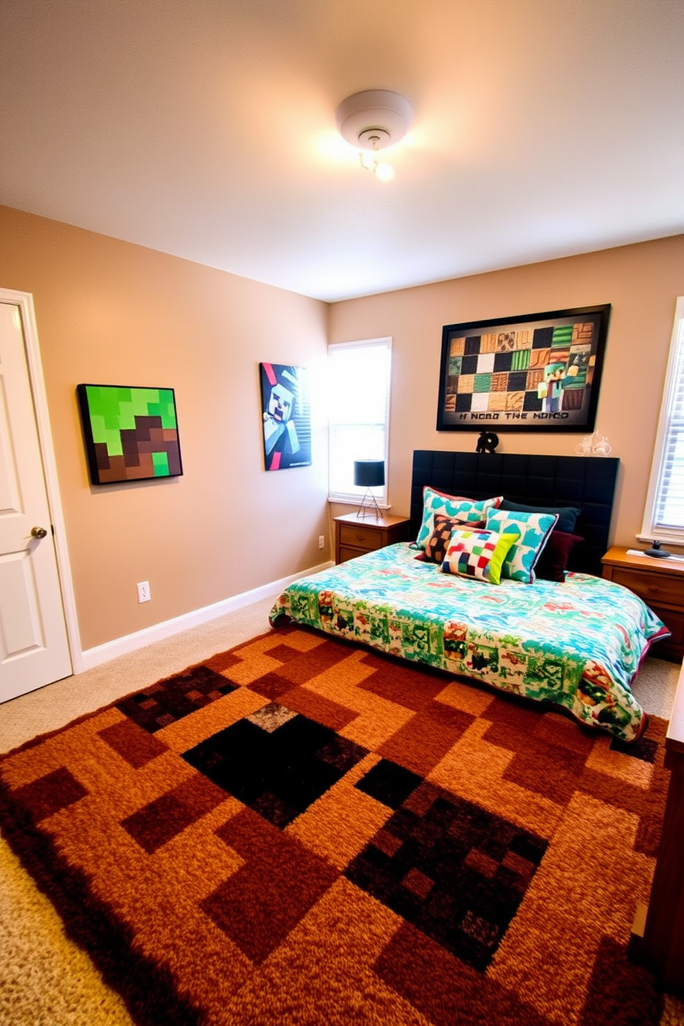 A cozy bedroom designed around a Minecraft theme. The focal point is a themed area rug resembling dirt blocks, creating a playful and immersive atmosphere. The walls are painted in soft earth tones to complement the rug. A bed with colorful bedding and plush pillows invites relaxation and creativity.