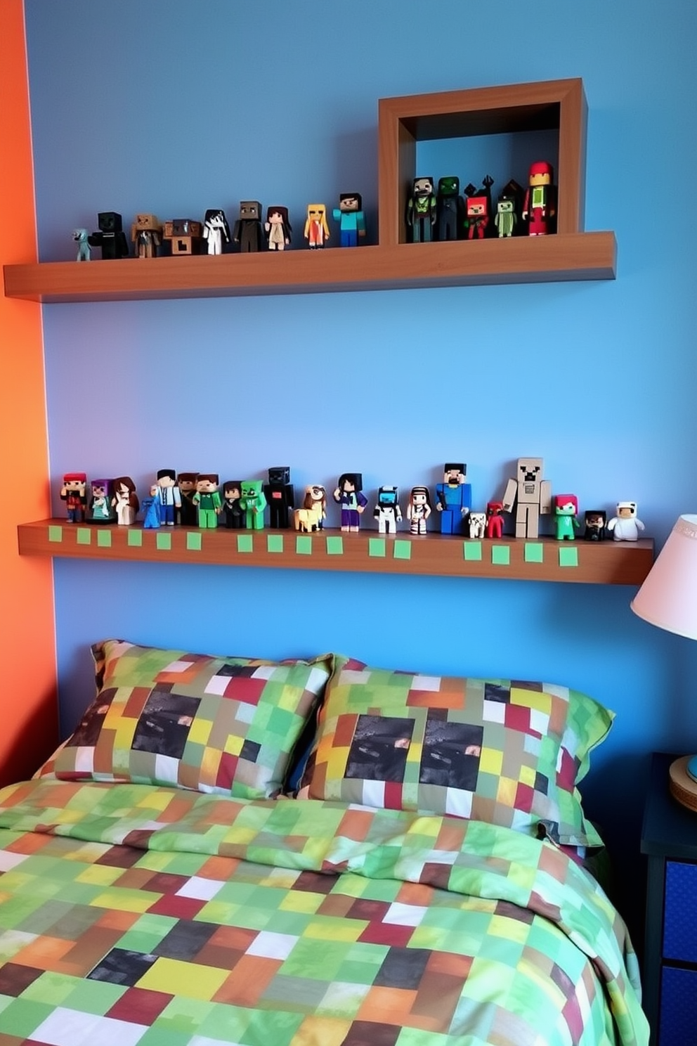 Create a whimsical Minecraft-themed bedroom featuring display shelves filled with character figurines. The walls are painted in vibrant colors, and the bedding showcases pixelated patterns inspired by the game.