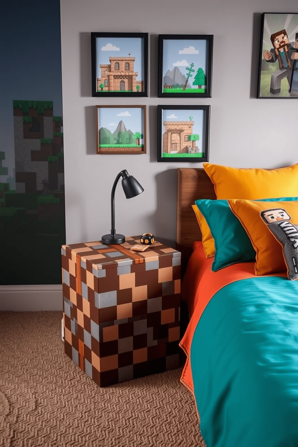 A unique bedside table designed to resemble a crafting table from Minecraft. The table features pixelated patterns and a blocky structure, perfectly complementing the overall theme of the bedroom. The bedroom is adorned with Minecraft-inspired decor, including wall art depicting landscapes and characters from the game. Soft bedding in vibrant colors reflects the playful aesthetic, creating a cozy yet adventurous atmosphere.