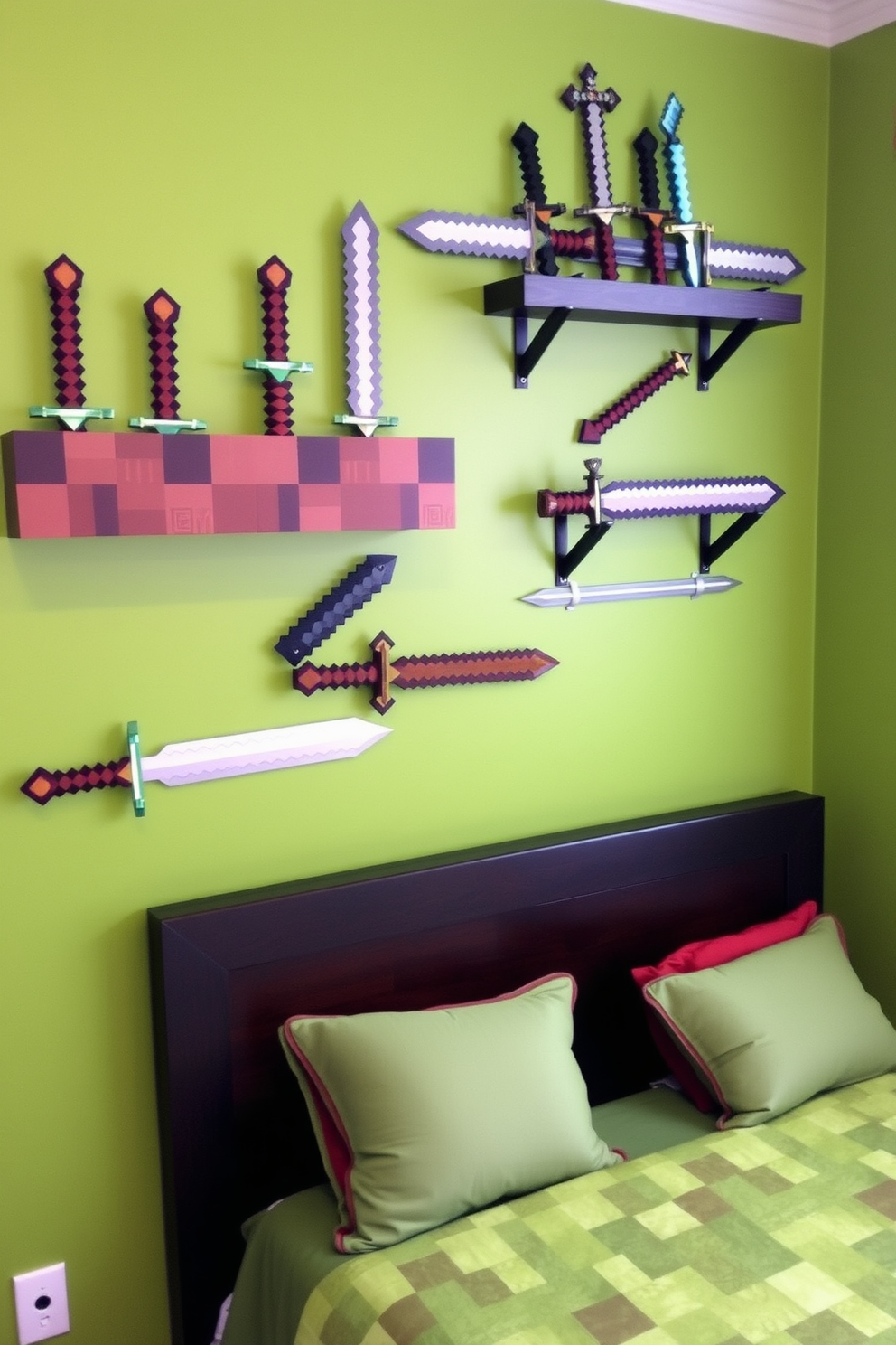 A Minecraft-themed bedroom featuring wall-mounted swords and tools as decorative elements. The walls are painted in a vibrant green reminiscent of the game's landscape, with shelves displaying various Minecraft tools and weapons arranged artistically.