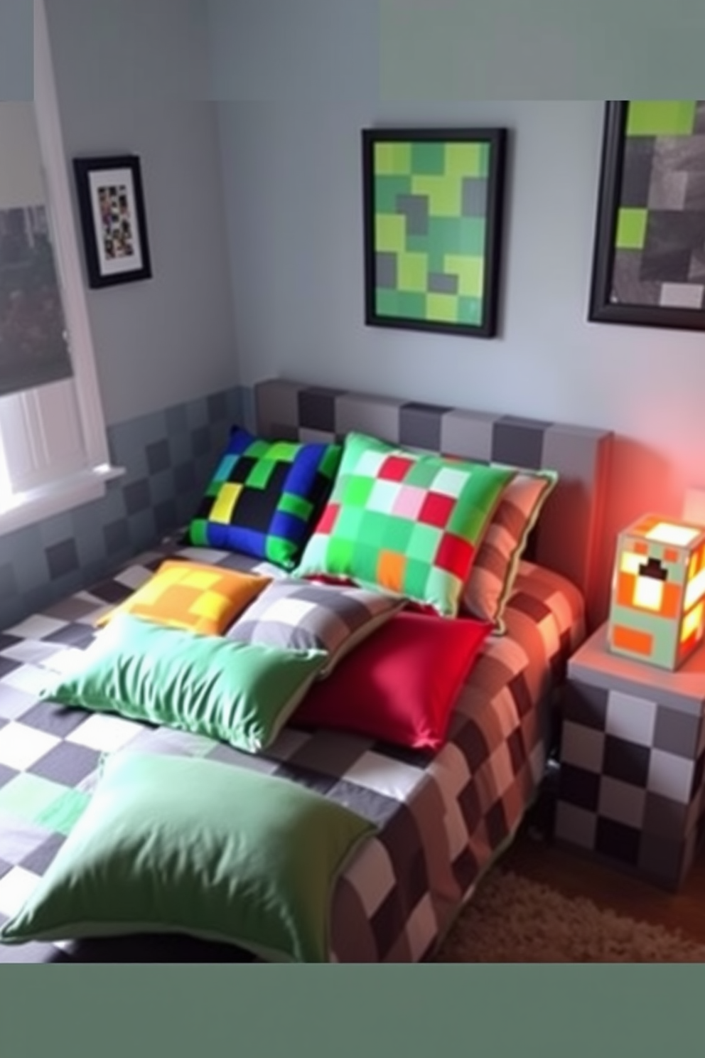 A cozy Minecraft-themed bedroom featuring colorful block pillows scattered across a bed with a pixelated comforter. The walls are adorned with Minecraft-inspired artwork, and a blocky nightstand holds a lamp shaped like a Creeper.