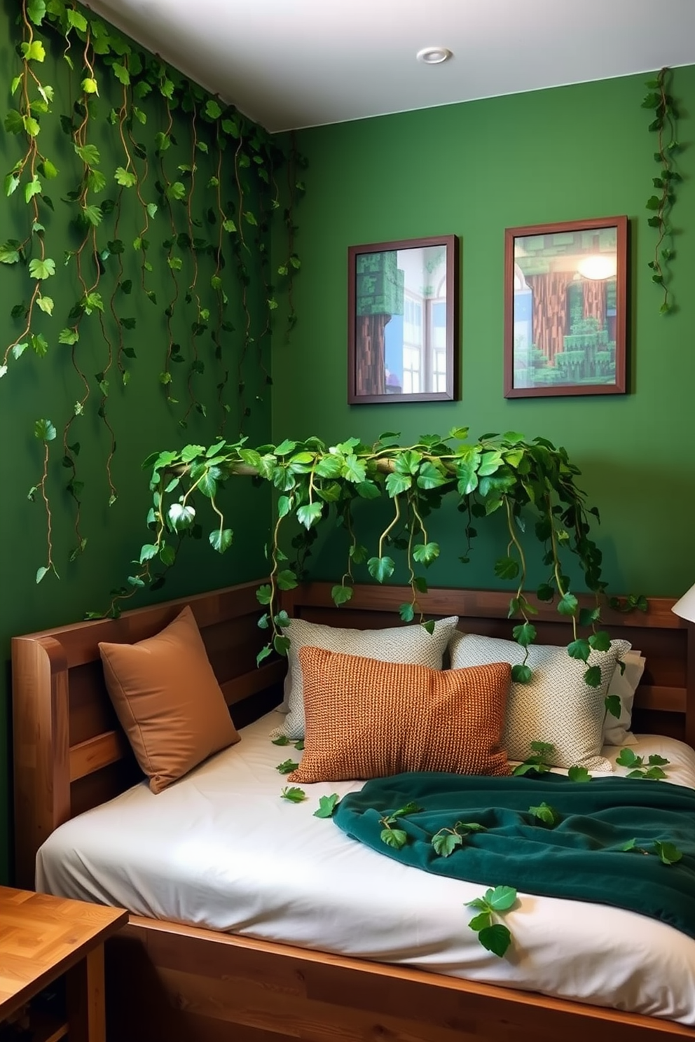 A vibrant Minecraft bedroom design that incorporates hanging vines to create a jungle atmosphere. The walls are painted in a deep green hue, while pixelated jungle-themed artwork adorns the space for a playful touch. A cozy bed with a leafy canopy draped in faux vines invites relaxation. Soft, textured pillows in earthy tones complement the wooden furniture, enhancing the natural aesthetic.