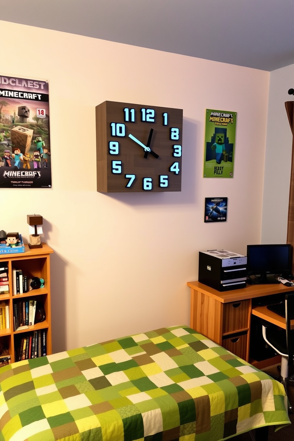 A Minecraft-themed clock designed to resemble a block from the game, featuring pixelated numbers and bright colors. The clock is mounted on a wall adorned with Minecraft posters and surrounded by toys and collectibles from the game. A cozy Minecraft bedroom featuring a bed with a quilt that mimics the game's blocky textures. The room includes a bookshelf filled with Minecraft-themed books and a desk with a computer set up for gaming.