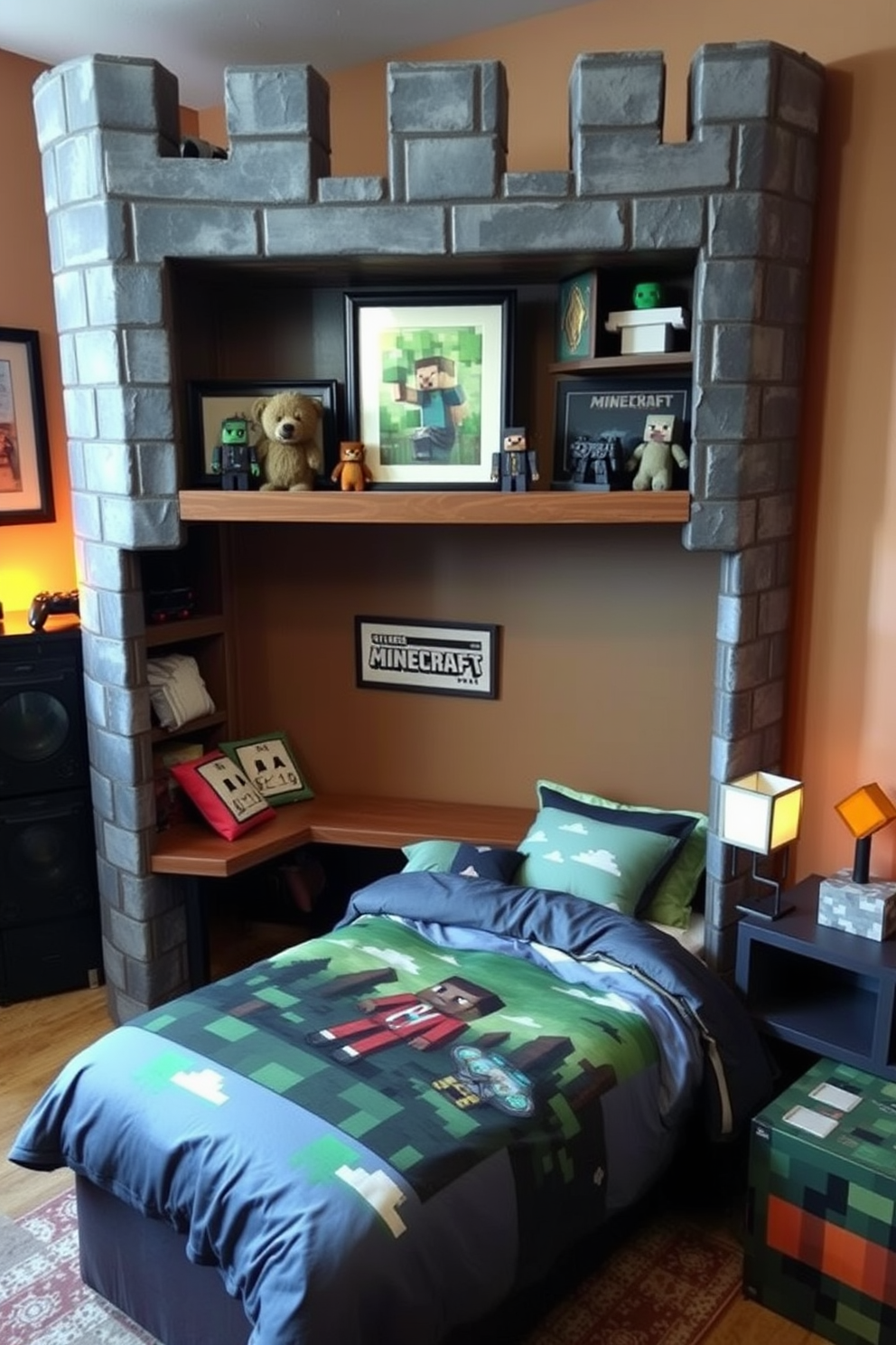 A game console station designed to resemble a fortress, featuring sturdy wooden shelves that mimic stone walls. The station is adorned with Minecraft-themed decor, including pixelated artwork and plush toys, creating an immersive gaming experience. The bedroom incorporates a cozy bed with a comforter featuring a Minecraft landscape, surrounded by themed bedding and cushions. The walls are painted in earthy tones, and a nightstand shaped like a block from the game holds a lamp that resembles a torch.