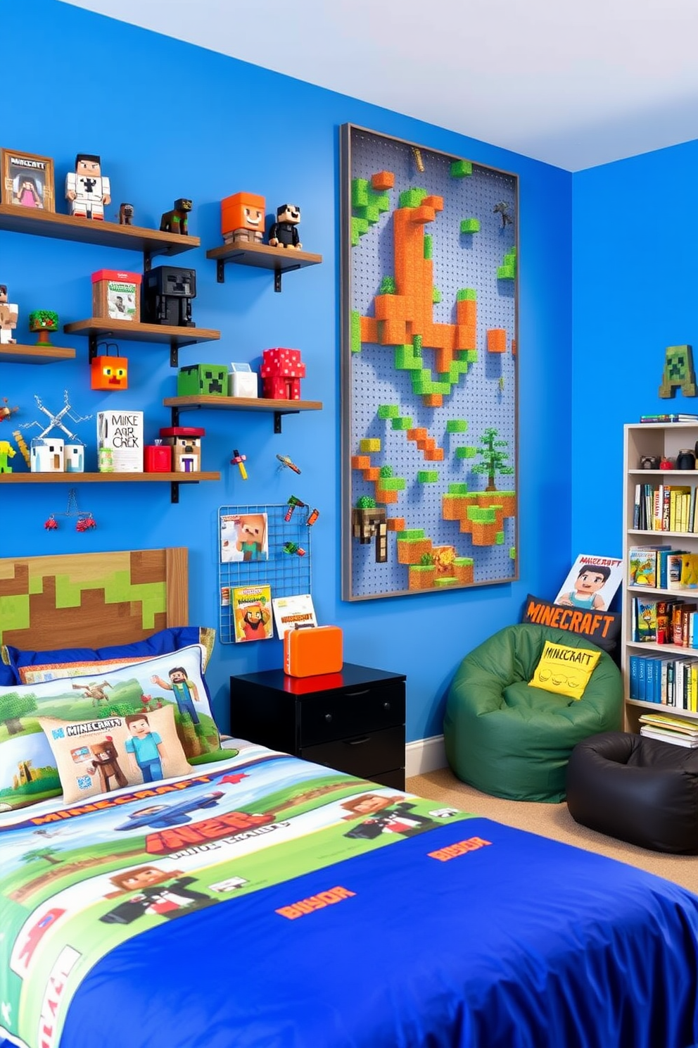 A vibrant Minecraft-themed bedroom featuring an interactive wall designed for building mini structures. The walls are painted in a bright blue color, with shelves and pegboards for displaying various Minecraft toys and creations. The bed is styled with bedding that showcases Minecraft characters and landscapes. A cozy reading nook is set up in one corner, complete with bean bags and a small bookshelf filled with Minecraft-themed books.