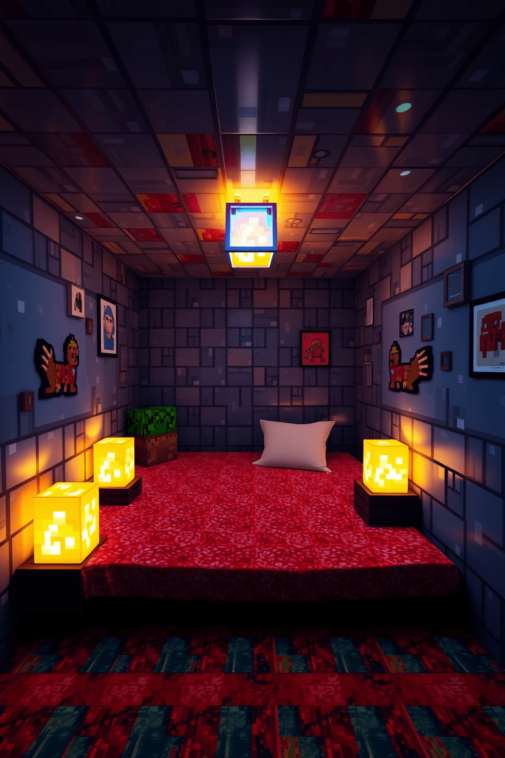 A cozy Minecraft bedroom featuring glowstone lamps that provide warm ambient lighting. The walls are adorned with pixel art and the floor is covered with a colorful wool rug, creating a playful yet inviting atmosphere.