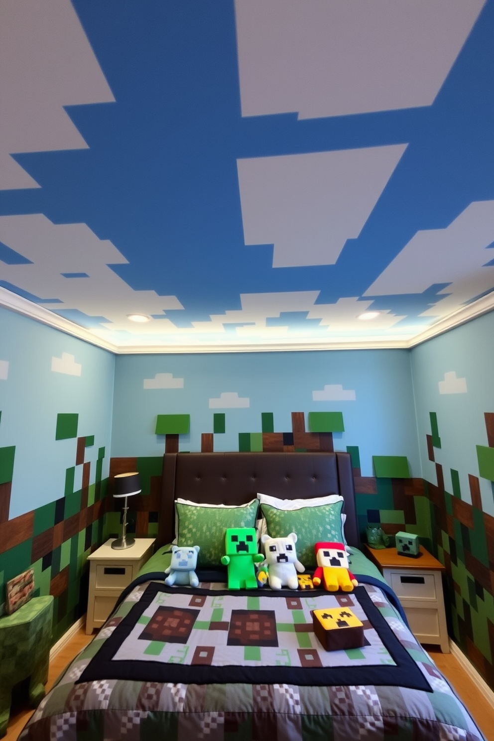 A whimsical bedroom design inspired by Minecraft aesthetics. The ceiling is painted to resemble a pixelated sky with fluffy clouds and bright blue tones. The walls are adorned with blocky patterns in shades of green and brown, mimicking the game's landscape. A cozy bed features a quilt with pixel art designs, and plush toys shaped like Minecraft characters are scattered around.