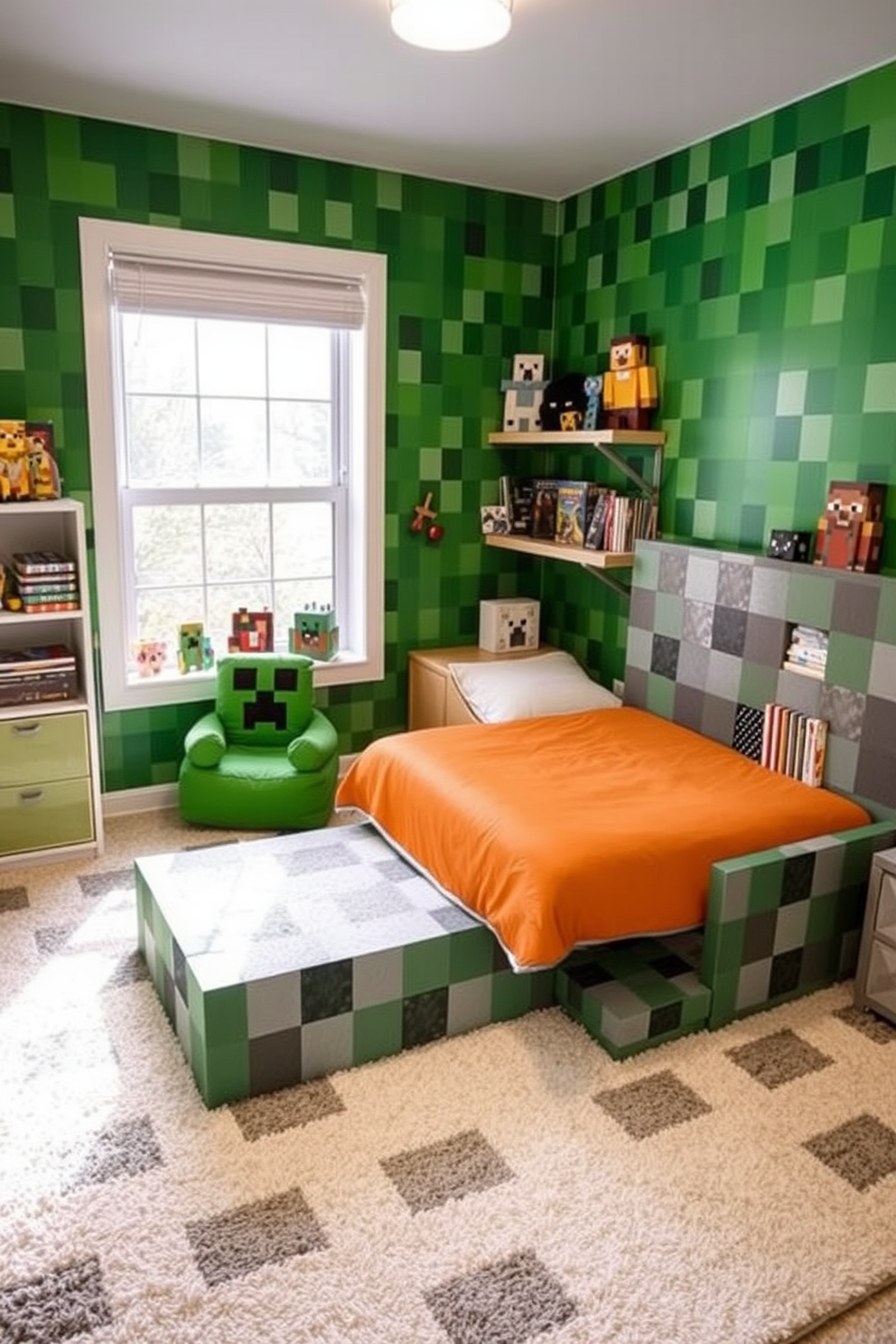 A playful bedroom featuring a bed designed to resemble a Minecraft block. The walls are painted in a pixelated green pattern, and the floor is covered with a soft, block-patterned rug. In one corner, there is a cozy reading nook with a bean bag chair shaped like a Creeper. Shelves are filled with Minecraft-themed toys and books, adding a whimsical touch to the space.