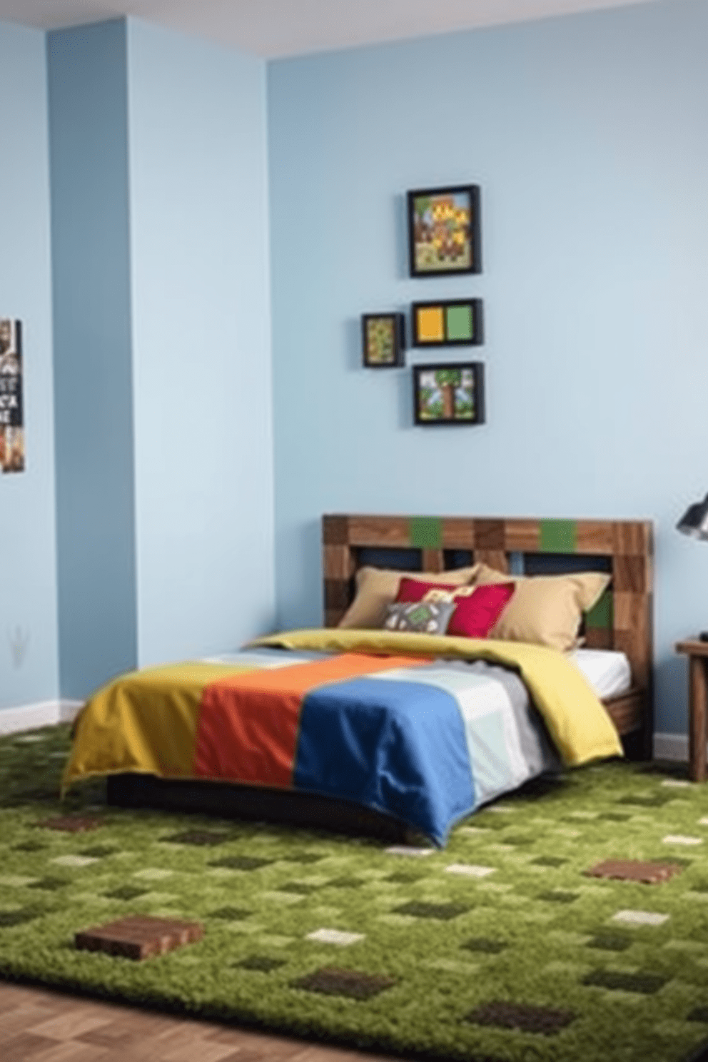 A whimsical bedroom setting featuring a green grass carpet that resembles the blocky terrain of Minecraft. The walls are painted in a soft sky blue, and there are pixelated art pieces hanging above a cozy bed made with colorful bedding.