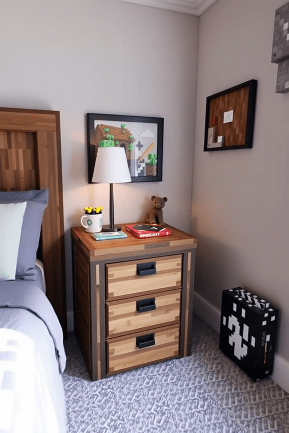 A cozy Minecraft bedroom featuring a crafting table nightstand designed for optimal storage. The nightstand is crafted from wooden planks with a blocky aesthetic, showcasing multiple drawers and a top surface for placing items.