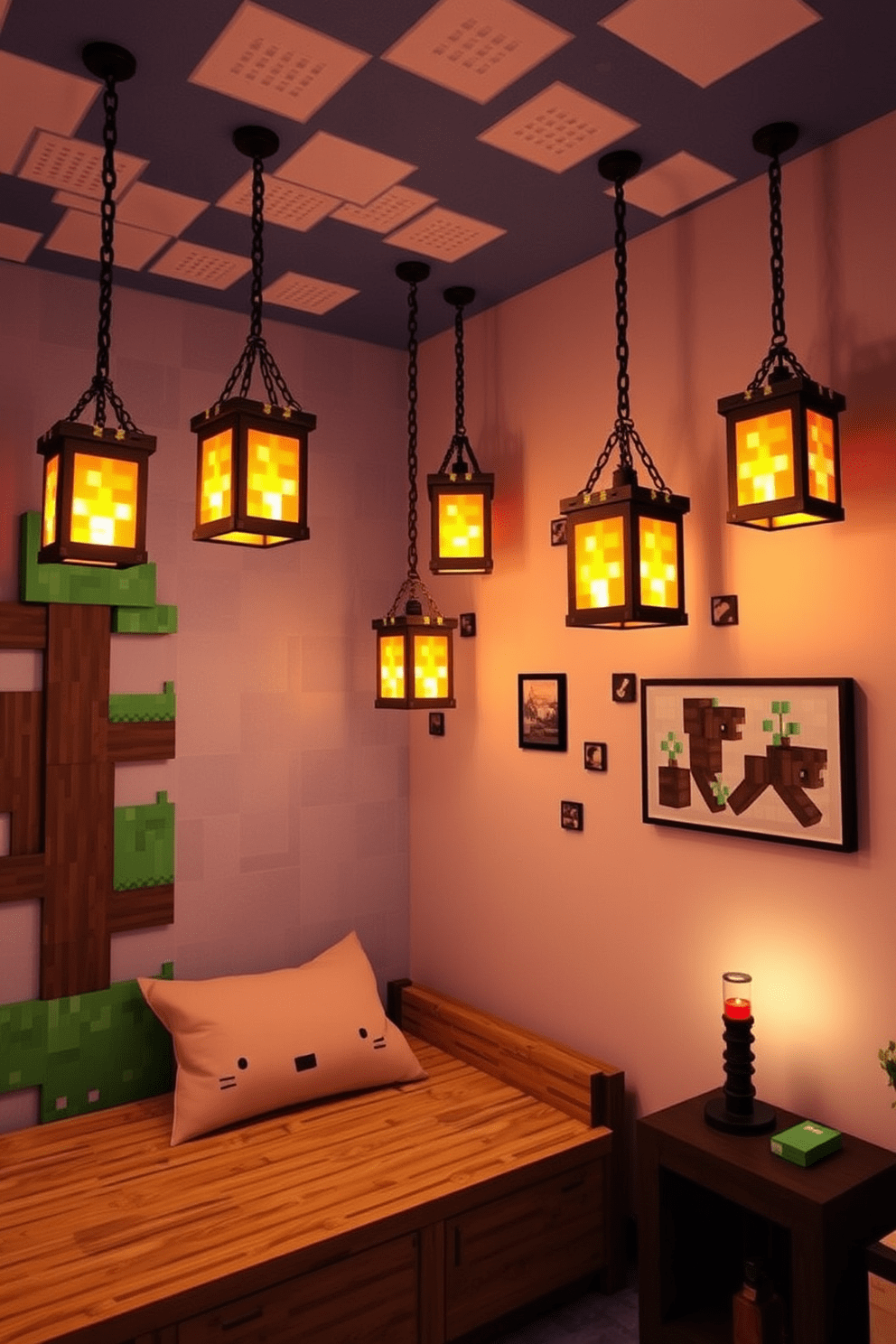 A cozy Minecraft bedroom featuring hanging lanterns that cast a warm glow throughout the space. The walls are adorned with pixel art and the bed is made of wooden blocks, creating a playful yet inviting atmosphere.