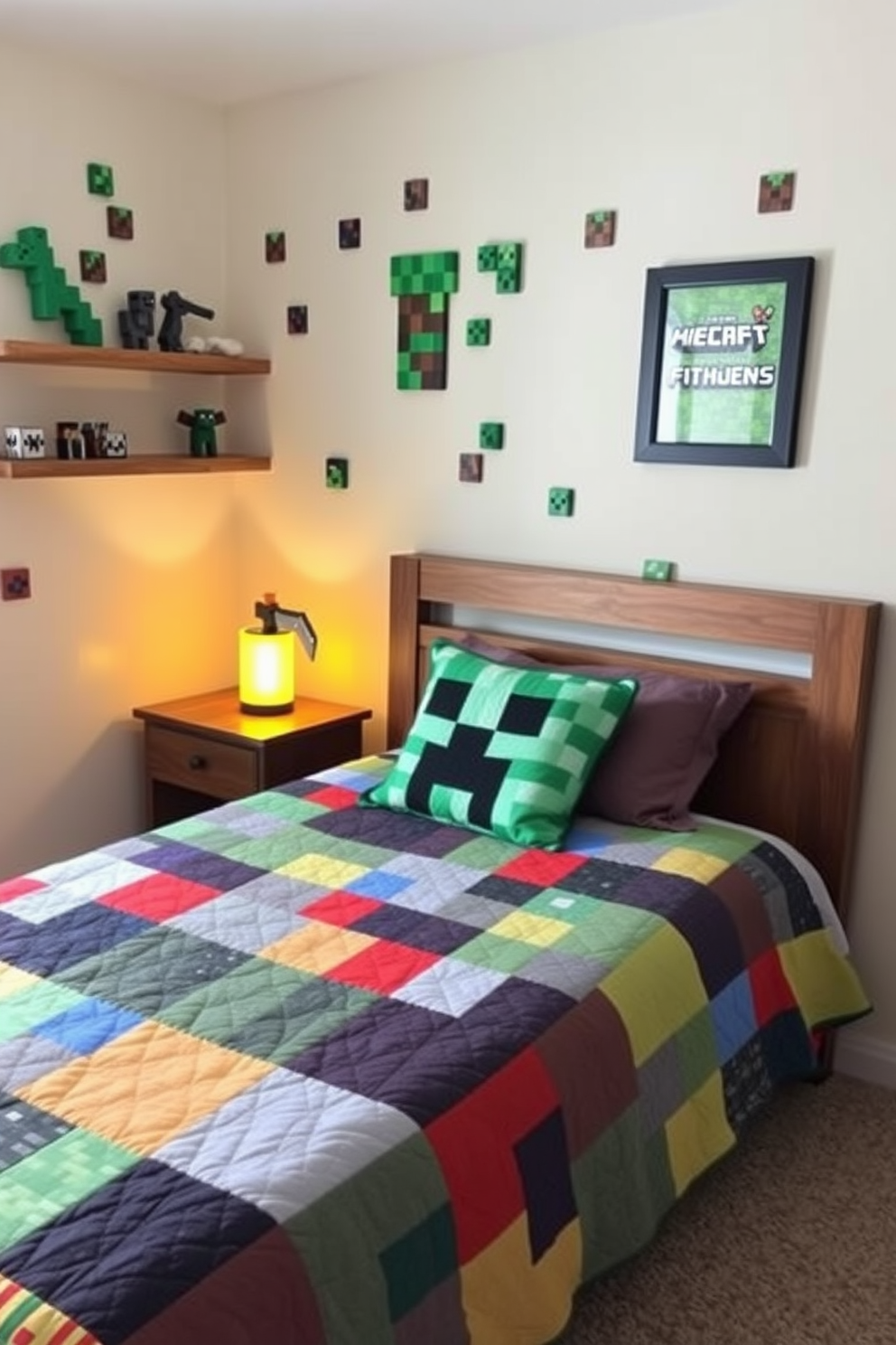 A cozy Minecraft-themed bedroom featuring pixel art decorations on the walls. The bed is adorned with a colorful quilt that resembles Minecraft blocks, and a plush Creeper pillow sits at the head. A wooden nightstand holds a glowing pickaxe lamp, casting a soft light across the room. Shelves display Minecraft figurines and a framed pixel art piece, adding character to the space.