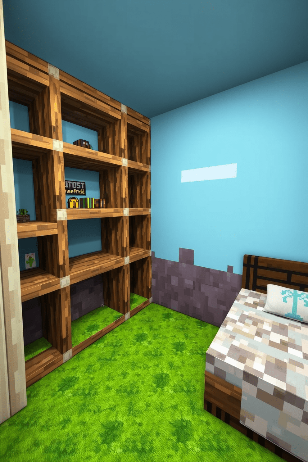 A cozy Minecraft bedroom featuring shelves made from wooden planks. The walls are adorned with pixel art and the floor is covered in a vibrant green carpet.