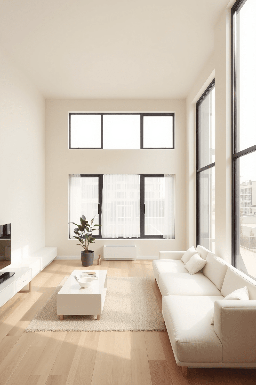 A minimalist apartment design featuring a neutral color palette. The walls are painted in soft beige, complemented by light wood flooring and simple white furniture. Large windows allow natural light to flood the space, creating an airy atmosphere. A few carefully chosen decorative elements, such as a potted plant and a sleek coffee table, enhance the simplicity of the design.