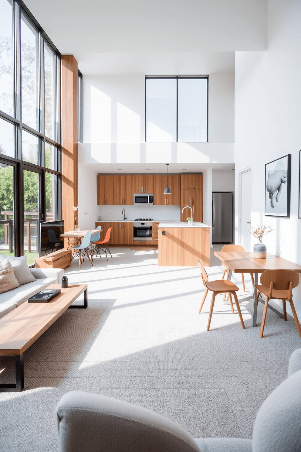 A minimalist apartment design featuring an open layout with large windows that allow plenty of natural light to flood the space. The living area includes a sleek wooden coffee table and a comfortable sofa adorned with neutral-toned cushions. The kitchen showcases natural wood cabinetry paired with a simple white backsplash and stainless steel appliances. A small dining table made of reclaimed wood sits adjacent to the kitchen, surrounded by modern, minimalist chairs.