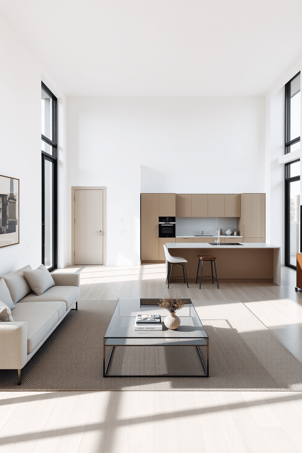 A minimalist apartment design featuring an open-plan living space with a neutral color palette. The living area includes a low-profile sofa, a glass coffee table, and a single statement piece of artwork on the wall. The kitchen showcases sleek cabinetry with integrated appliances and a spacious island for casual dining. Natural light floods the space through large windows, highlighting the simplicity of the decor and the uncluttered surfaces.