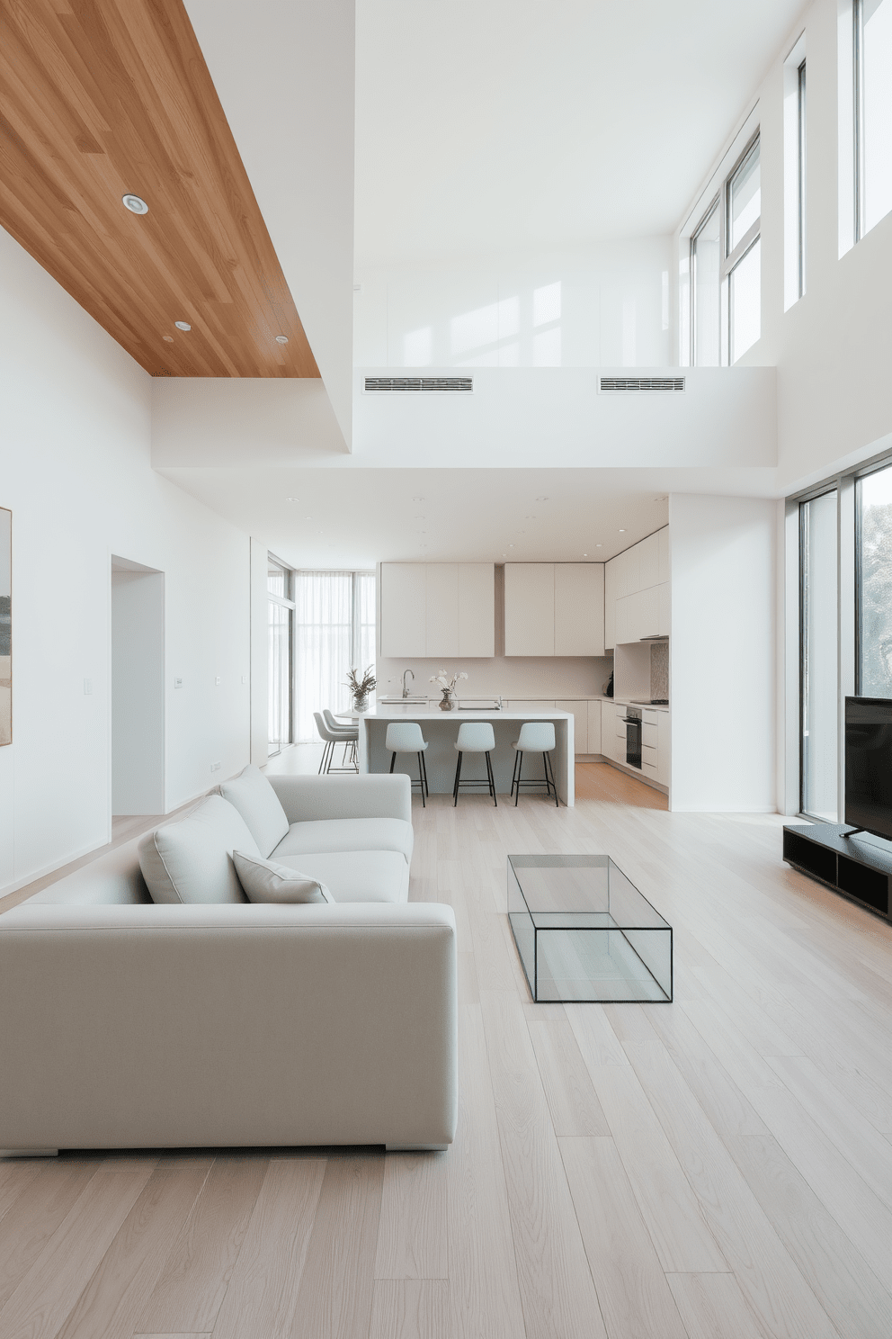 A minimalist apartment design featuring clean lines and angles. The open living space includes a sleek sofa with geometric shapes and a glass coffee table positioned on a light wood floor. The kitchen showcases a streamlined design with handleless cabinets and a large island with bar seating. Natural light floods the area through floor-to-ceiling windows, enhancing the airy atmosphere.