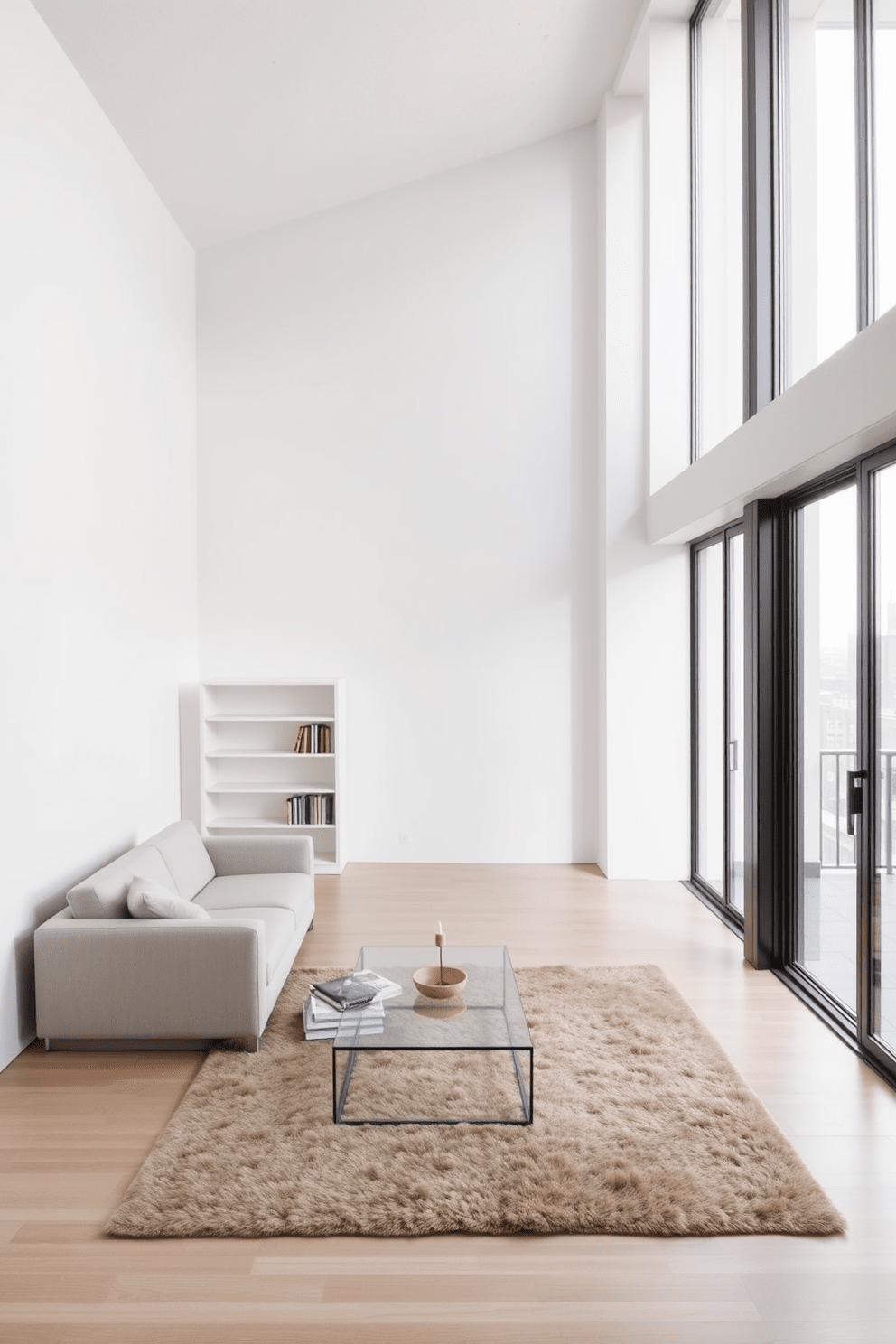 A minimalist apartment featuring an open-concept living space with a neutral color palette. The living area includes a sleek sofa, a glass coffee table, and a simple bookshelf against the wall. In the corner, a cozy area rug adds warmth and texture to the room. Large windows allow natural light to flood the space, enhancing the airy and uncluttered atmosphere.