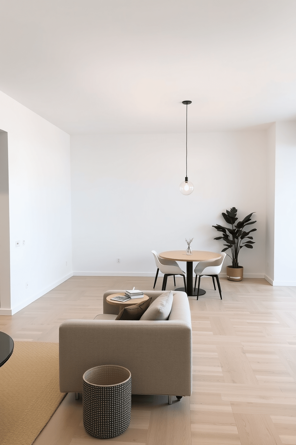 A minimalist apartment design featuring an open layout with light wood flooring and white walls. The living area includes a low-profile sofa in a neutral tone paired with a simple coffee table and a single large potted plant in the corner. Choose sleek and understated lighting fixtures that enhance the ambiance without overwhelming the space. Soft pendant lights hang above the dining area, creating a warm and inviting atmosphere while maintaining the minimalist aesthetic.