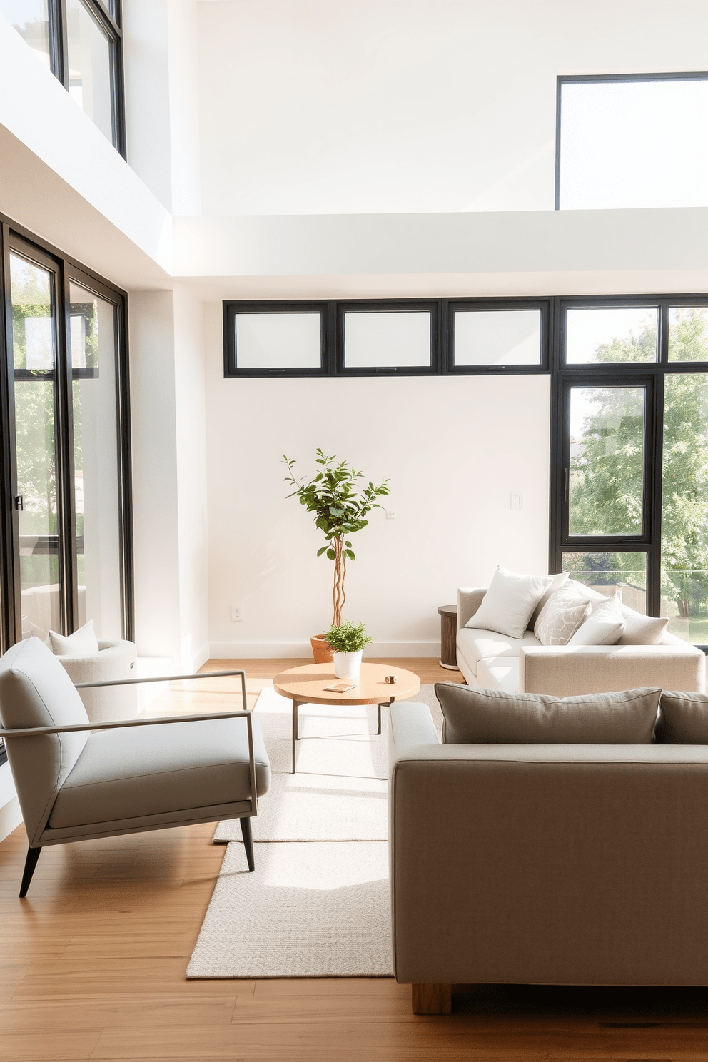 A minimalist apartment design featuring a neutral-toned sofa positioned against a light beige wall. The space is accented with a simple coffee table made of natural wood, and a single potted plant adds a touch of greenery in the corner. To the left, a sleek armchair complements the sofa, creating a cozy reading nook. Large windows allow natural light to flood the room, enhancing the airy and open feel of the space.