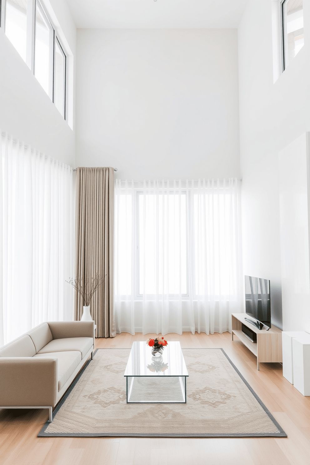 A minimalist apartment design featuring an open-concept living area with clean lines and a neutral color palette. The space includes a sleek sofa, a glass coffee table, and a simple area rug, creating a serene atmosphere. Select simple window treatments that enhance the elegance of the room, such as sheer white curtains that allow natural light to filter through. The window treatments should complement the minimalist aesthetic while providing privacy and softness to the overall design.