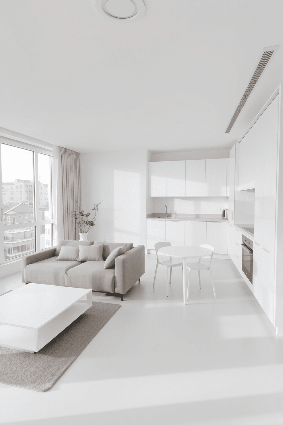 A serene minimalist apartment featuring a monochromatic color scheme that promotes harmony throughout the space. The living area includes a sleek gray sofa paired with a simple white coffee table, while large windows allow natural light to flood the room. The kitchen boasts seamless white cabinetry with integrated appliances, creating a clean and uncluttered look. A small dining nook with a round table and minimalist chairs complements the overall aesthetic, providing a cozy yet stylish dining experience.