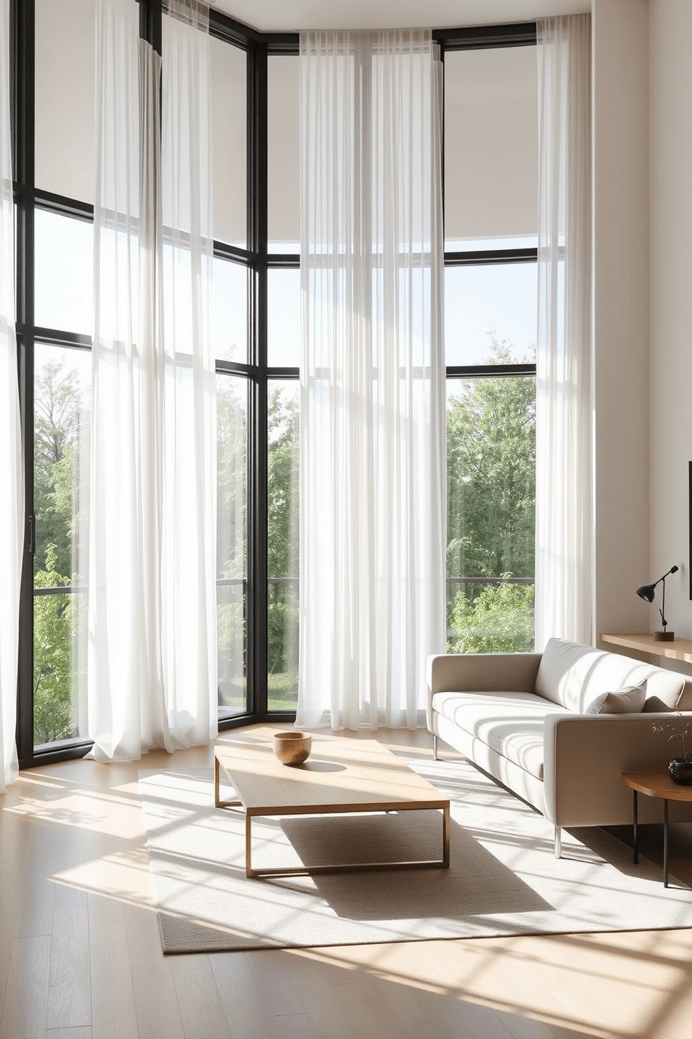 A minimalist apartment design featuring large windows that allow abundant natural light to flood the space. Sheer white curtains gently filter the sunlight, creating a soft and airy atmosphere. The living area includes a simple yet elegant sofa in a neutral color, paired with a sleek coffee table made of light wood. A few carefully chosen decorative items add personality without overwhelming the space.