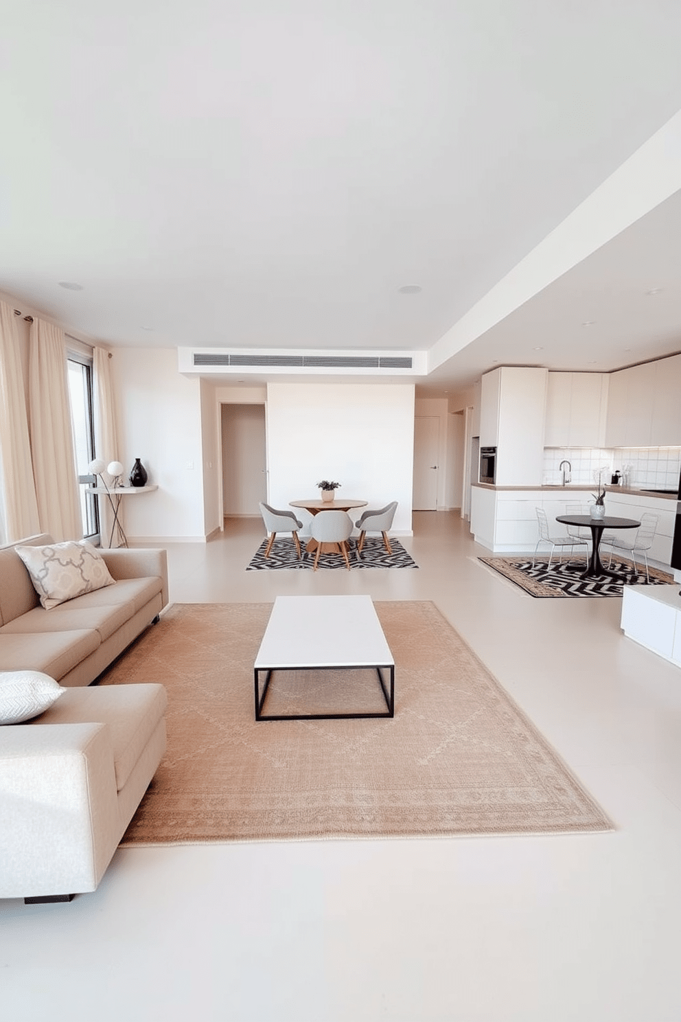 A spacious minimalist apartment features an open layout with clearly defined zones created by strategically placed rugs and furniture. The living area is anchored by a large, neutral-toned rug that delineates the seating arrangement, while a sleek coffee table sits at the center, inviting relaxation and conversation. Adjacent to the living space, a dining area is marked by a simple, elegant dining table surrounded by modern chairs, set on a contrasting rug that adds warmth. The kitchen flows seamlessly into the dining zone, with minimalist cabinetry and a subtle backsplash enhancing the overall aesthetic without overwhelming the design.