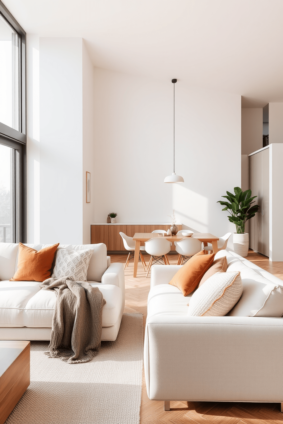 A minimalist apartment design featuring a light and airy living space. Soft neutral tones dominate the decor, with a simple sofa adorned with textured cushions and a cozy throw draped over one arm. The open layout includes a sleek dining area with a wooden table and minimalist chairs. Large windows allow natural light to flood the room, enhancing the warmth of the wooden accents throughout.