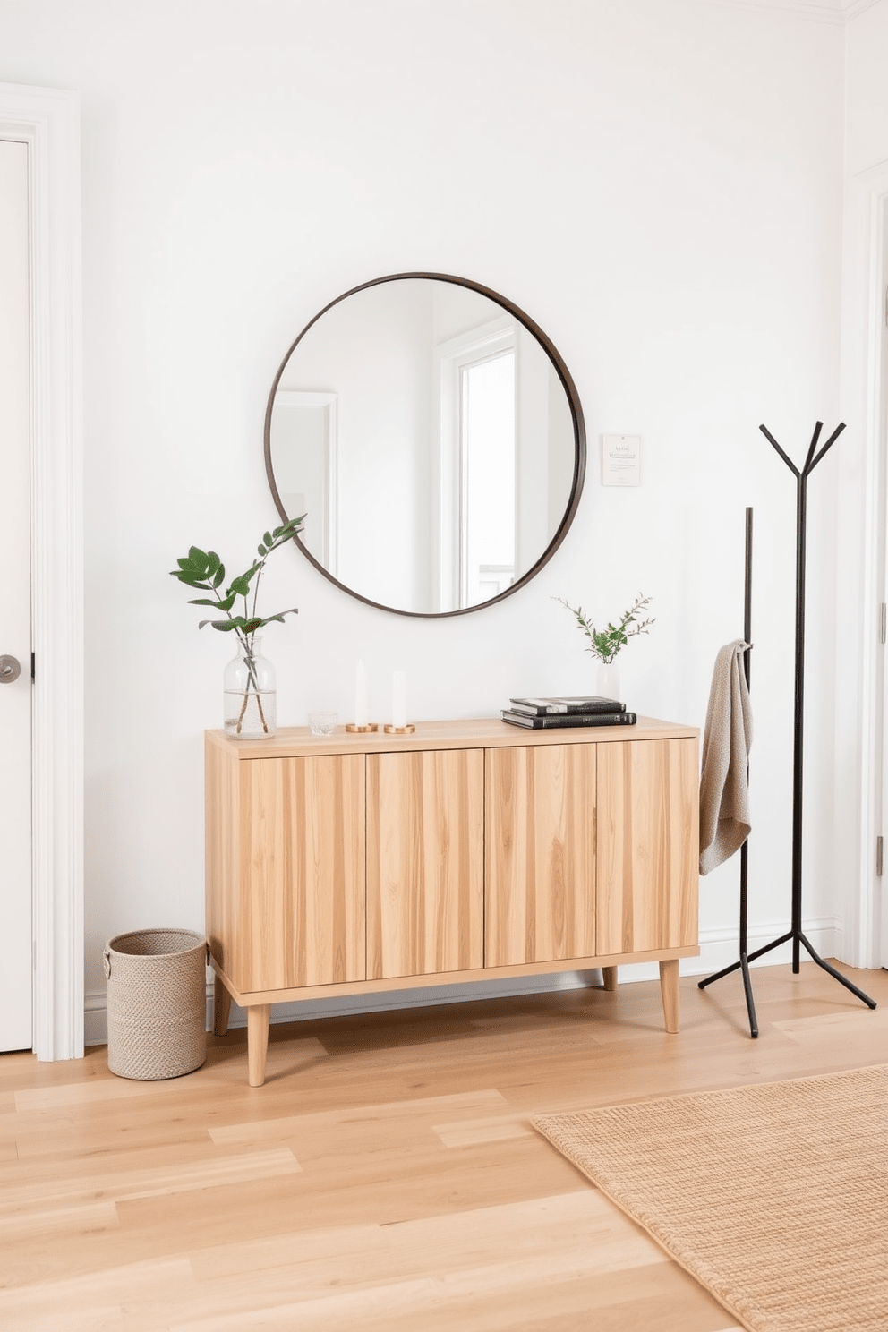 A serene entryway space with clean lines and a neutral color palette. A sleek console table made of light wood sits against the wall, accompanied by a large round mirror above it. To the side, a small potted plant adds a touch of greenery while a minimalist coat rack holds a few essentials. The floor is adorned with a simple woven rug, enhancing the uncluttered and inviting atmosphere.