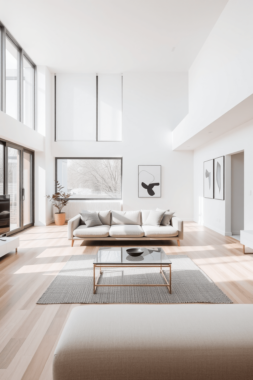 A minimalist apartment design featuring an open-concept living space with large windows allowing natural light to flood the room. The walls are painted in a soft white, and the floor is a light hardwood, creating a warm and inviting atmosphere. In the living area, a low-profile sofa in a neutral color is paired with a sleek coffee table made of glass and metal. Minimalist artwork adorns the walls, showcasing abstract designs in monochromatic tones that add visual interest without overwhelming the space.