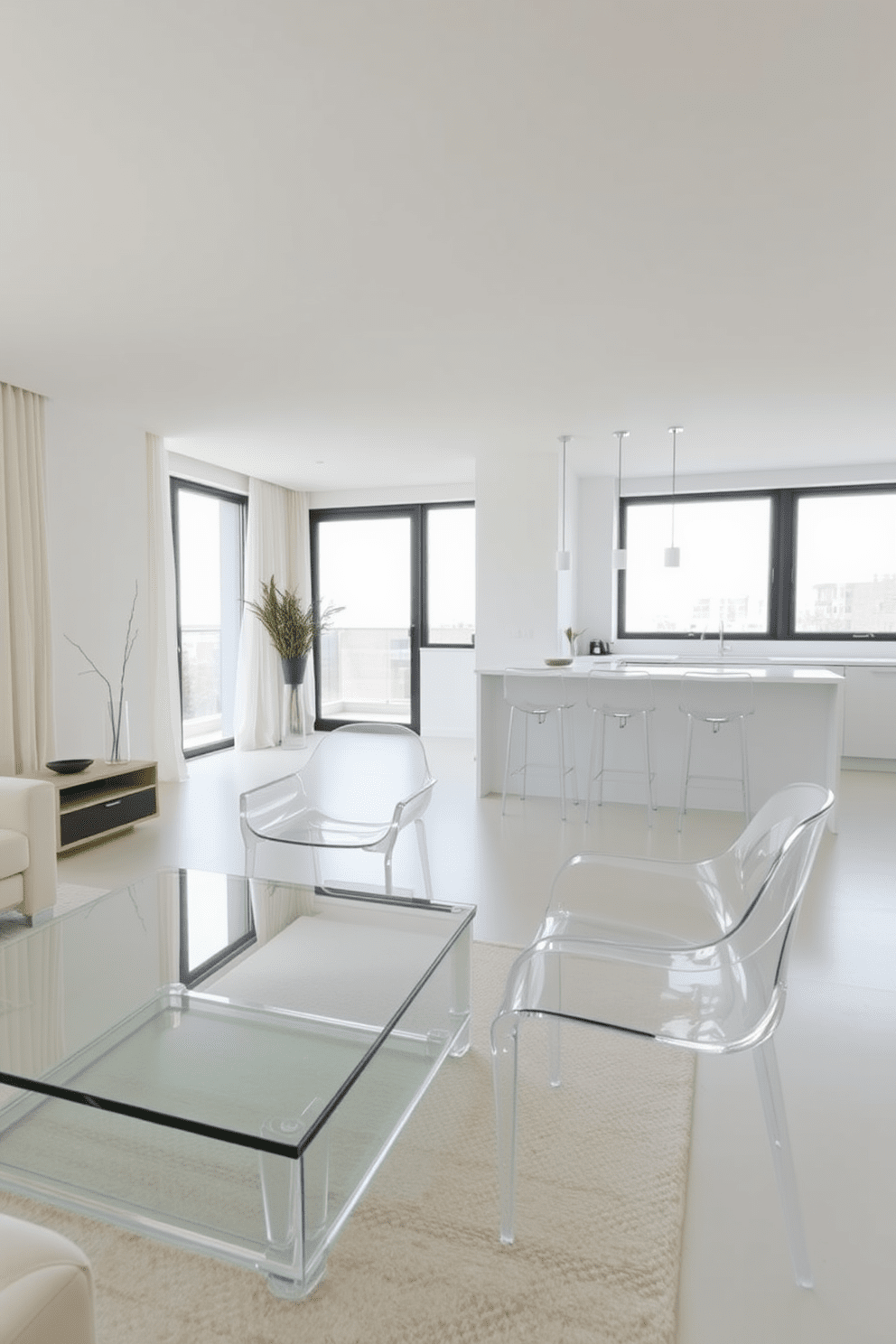 A minimalist apartment design featuring glass and acrylic furniture to create a sense of lightness. The living area includes a sleek glass coffee table paired with transparent acrylic chairs, enhancing the open and airy feel of the space. The kitchen showcases a minimalist aesthetic with clear acrylic bar stools at a simple island. Soft natural light floods the room through large windows, highlighting the clean lines and uncluttered surfaces throughout the apartment.