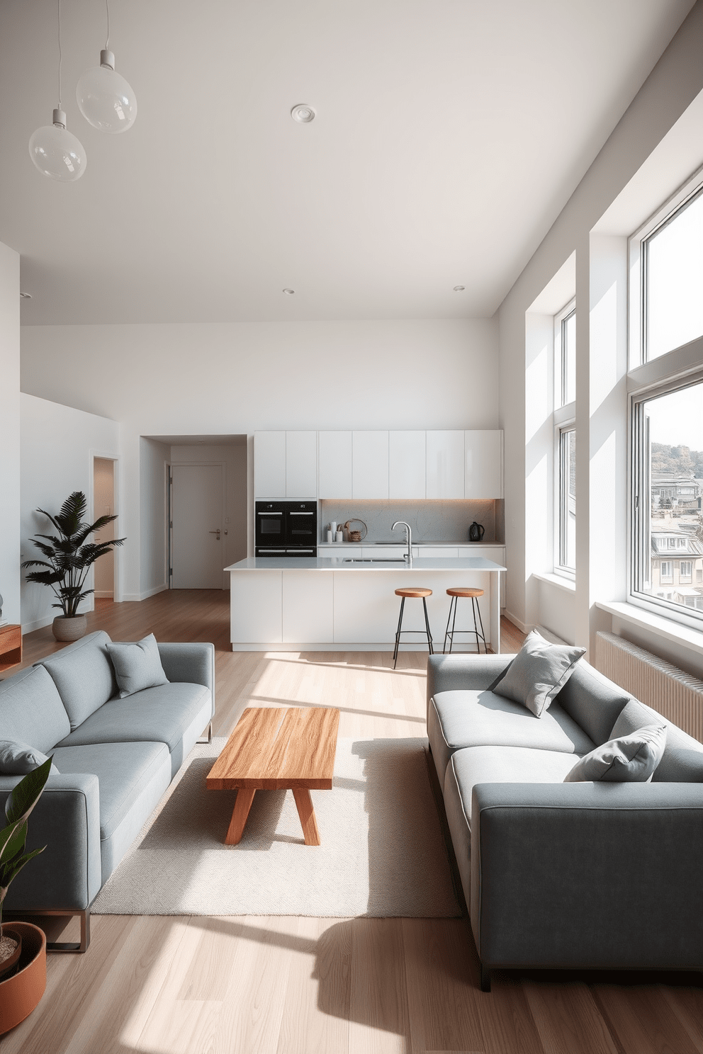 A minimalist apartment design featuring an open-concept living space with clean lines and neutral tones. The living area includes a sleek grey sofa, a low wooden coffee table, and a single potted plant in the corner. The kitchen boasts white cabinetry with a simple backsplash and a large island with bar stools. Natural light floods the space through large windows, enhancing the airy feel of the apartment.